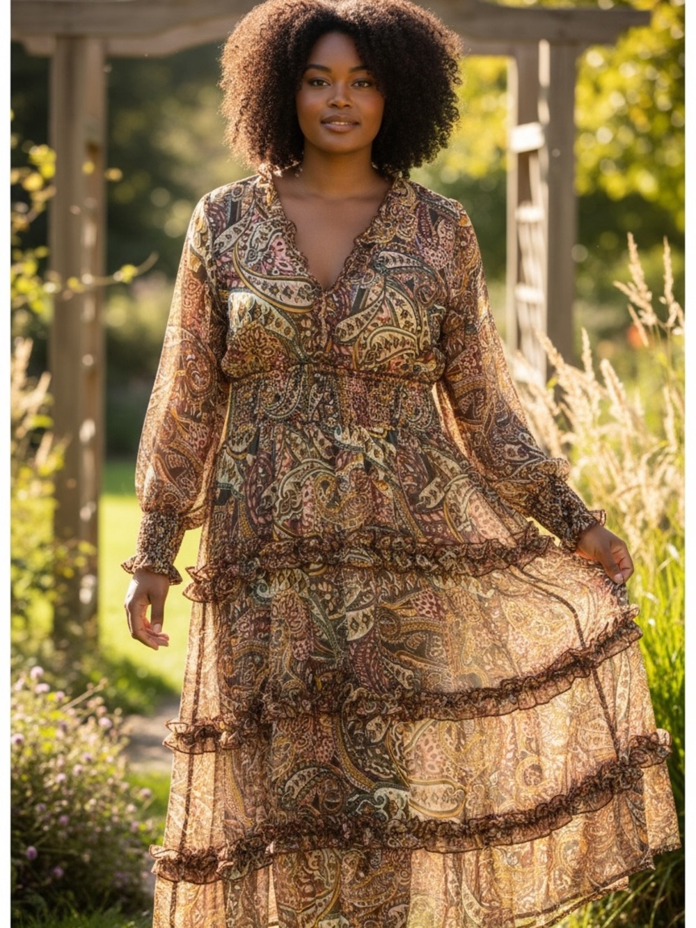 Wishing Waves Paisley Tiered Long Sleeve Midi Dress 2X